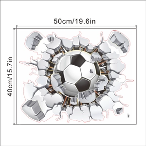 3D football breaking through wall sticker, dimensions 50cm by 40cm, soccer room wall decor