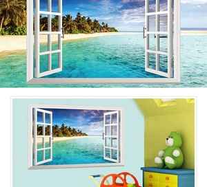 Detail of 3D window wall sticker showing tropical beach scenery with white frame