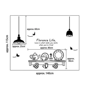 Nordic black kitchen wall decals with hanging lamps and teapot shelf, 140x115cm size