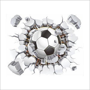 Detail of creative 3D broken wall sticker featuring a realistic soccer ball and debris