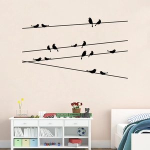 Black silhouette birds on wire wall decal for minimalist living room decor