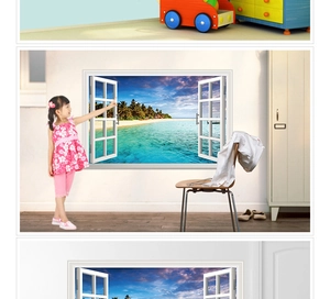 3D wall sticker showing a tropical beach view through an open white window frame