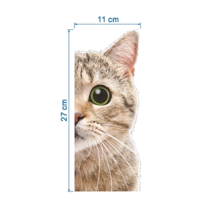 Detail of creative tabby cat wall sticker with green eyes measuring 11cm by 27cm