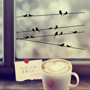 Birds on wire silhouette wall sticker for glass window near coffee cup lifestyle decor