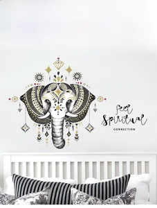 Bohemian elephant head wall sticker with gold diamond accents and spiritual quote text