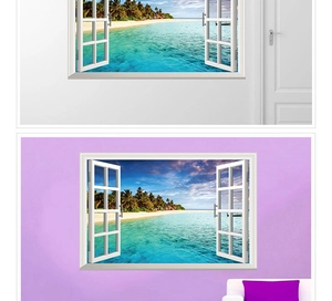 Detailed 3D tropical beach window wall decal showing palm trees and clear blue ocean