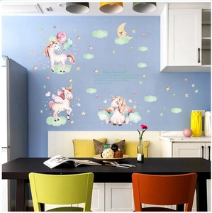 Stickers muraux licorne féerique avec lune et étoiles pour déco chambre d'enfant