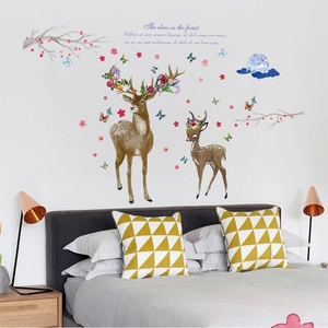 Nature wall sticker with deer and flowers for bedroom or living room decoration