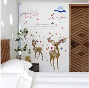 Floral forest deer wall decals with butterflies and quote for living room decor