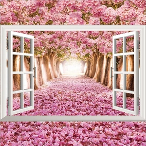 3D False Window Landscape Wall Sticker PVC Waterproof Removable Floral Sea View Sunflower Lavender Sakura Home Decor Mural