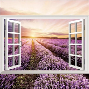 3D wall sticker with fake window frame featuring purple lavender field at sunset