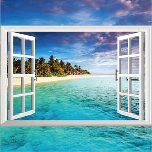 3D wall sticker with tropical beach sea view through an open white faux window frame