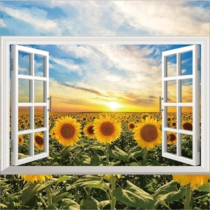 3D open window wall sticker featuring a vibrant sunflower field under a sunny blue sky