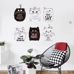 Set di 6 adesivi murali in PVC con simpatici gatti dei cartoni animati e slogan fatti a mano