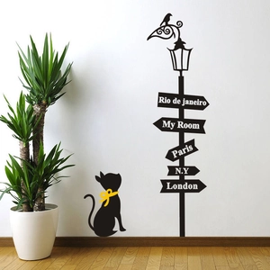 Removable PVC Wall Sticker Cat Street Lamp Road Sign Silhouette Decal For Living Room Bedroom Entrance Home Decor Waterproof