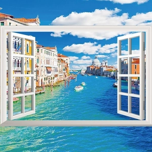 3D realistic fake window wall sticker featuring a scenic Venice canal and blue sky view