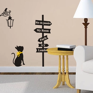 Modern street lamp and black cat wall decals featuring city signs for living room decor