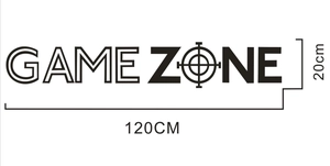 Detail of GAME ZONE wall sticker showing dimensions 120cm x 20cm with crosshair design