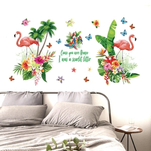 Tropical flamingo and palm tree wall decals set for living room and bedroom decor