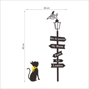 Removable black street lamp wall stickers with cat and travel destination road signs