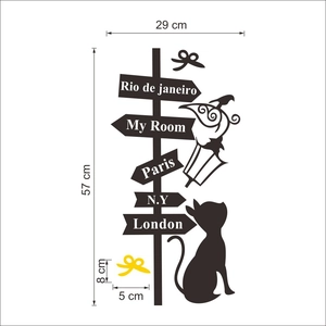 Black silhouette street light and cat wall sticker with world city signs 57x29cm