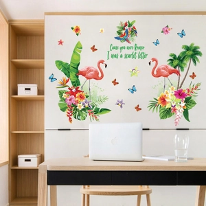 Tropical Flamingo Palm Leaves Wall Sticker Removable PVC Tropical Plants Floral Butterfly Parrot Wall Decal For Home Decor
