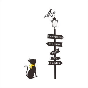 Black silhouette street light and cat wall decal with city signs for home decor