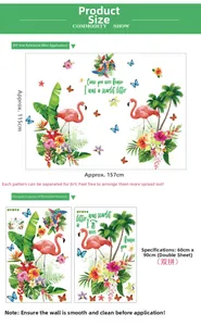 Size guide for tropical flamingo wall decals with palm leaves and floral patterns