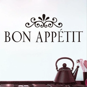 Minimalist black PVC wall sticker with Bon Appétit text and scroll patterns for kitchen