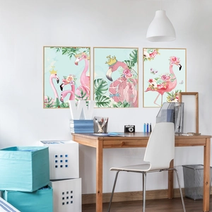 Set di 3 quadri decorativi con fenicotteri, fiori tropicali e cornici in legno