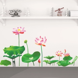 Realistic pink lotus and green leaves wall decals for living room TV background decor