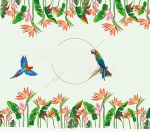 Detailed tropical wall sticker featuring bird of paradise flowers and colorful parrots