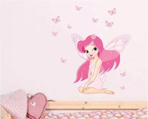 Rosa Fee Prinzessin und Schmetterlinge PVC Wandtattoo für das Kinderzimmer