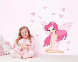 Rosa Cartoon Fee Schmetterling Wandtattoo Wasserdicht PVC Abnehmbarer Aufkleber Für Mädchen Schlafzimmer Kinderzimmer Deko
