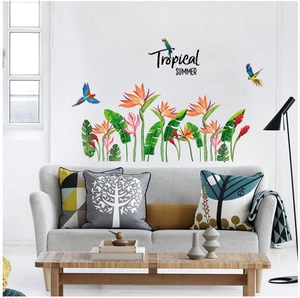 Tropical bird of paradise wall sticker with green palm leaves and parrot for living room decoration