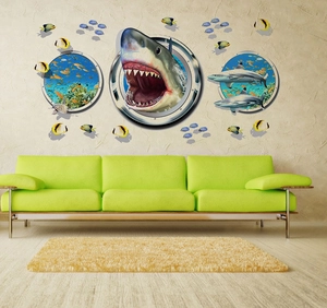 Adesivi murali 3D oceano con squalo bianco gigante e oblò di sottomarino per decorazione casa