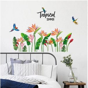 Tropical bird of paradise wall sticker with parrots and banana leaves for bedroom decor
