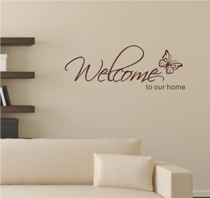 Welcome to our home butterfly wall sticker in dark brown for living room decor