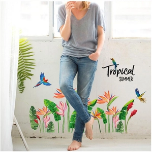 Tropical Bird Of Paradise Flower And Parrot Wall Stickers PVC Removable Jungle Palm Leaf Wall Decals For Home Decor