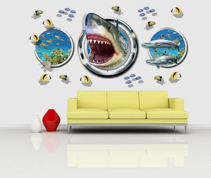 Adesivo da Parete 3D Squalo Mondo Sottomarino PVC Rimovibile Oceano Pesce Oblò Murale per Cameretta Soggiorno Casa