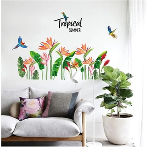 Tropical paradise wall sticker featuring birds of paradise and parrots for home wall decor