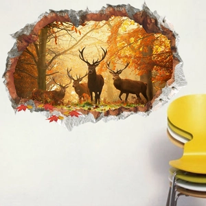 3D wall sticker featuring realistic forest elk and broken wall effect for living room decor