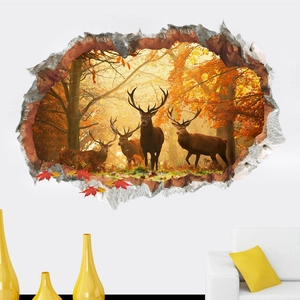 3D broken wall sticker featuring deer in an autumn forest for living room decor