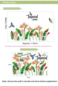 Tropical wall sticker layout and DIY size guide featuring birds of paradise and palm leaves