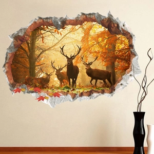 3D wall sticker featuring golden forest landscape and majestic elk for living room decor