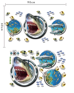 Layout macro degli adesivi murali 3D oceano con squali e tartarughe su foglio 90x60cm