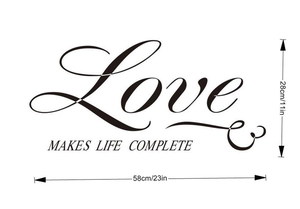 Detail view of Love slogan wall sticker showing exact dimensions 58cm by 28cm