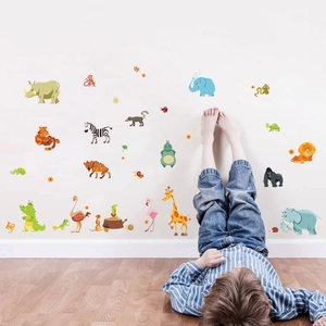 Cartoon Jungle Animal Wall Stickers For Kids Room Nursery Bedroom PVC Waterproof Elephant Giraffe Lion Zebra Home Mural