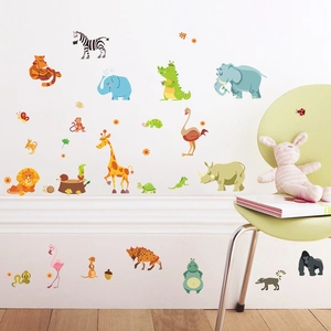 Cartoon animal wall stickers with zebra elephant and lion for kids bedroom decoration