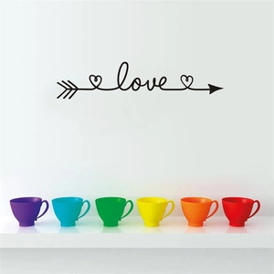Sticker mural moderne flèche LOVE noir avec cœurs pour décoration murale de salon